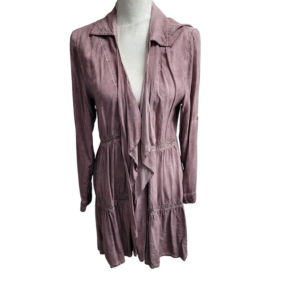 Pink long lace ruffle waterfall cardigan layering fairycore medium bohemian boho